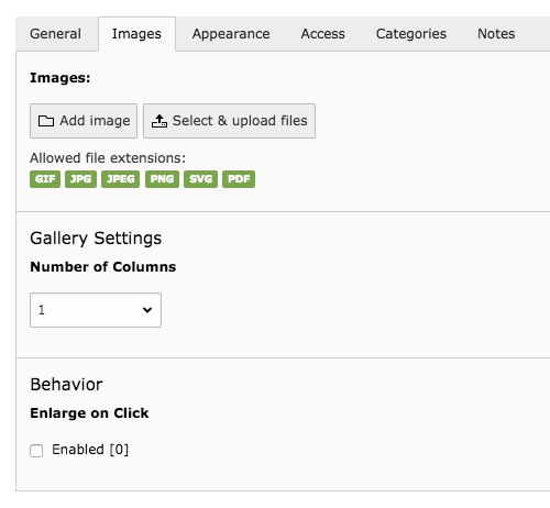 Images element optione in TYPO3 backend
